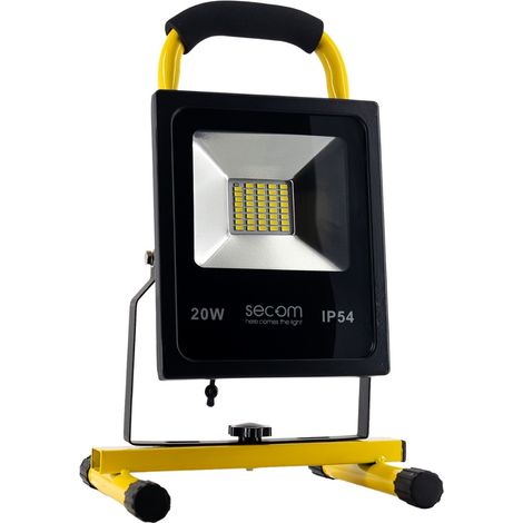 Tenko Tragbarer LED-Projektor mit Akku, 20 W, 1800 lm, IP54, 15 x 15 x 24 cm, 4000 K, Schwarz/Gelb, 5 Stunden Laufzeit, SECOM