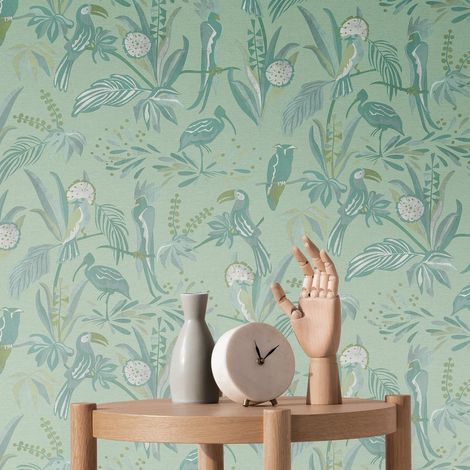 Papier peint intissé nature vert Tapisserie animale et florale Papier peint style tropical exotique idéal pour couloir et chambre (1/5)