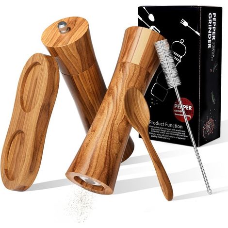2Pcs Moulin à Sel et Poivre en Bois, avec Broyeur en Céramique Réglable, Cuillère et 2 Brosse Moulins Épices Bois avec Plateau (1/5)