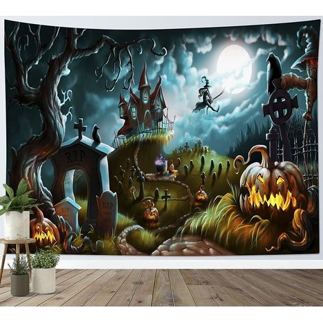 Halloween citrouille cimetière tapisserie horreur mur de citrouille décoration balai sorcière marche vers la lune tapisserie ciel nocturne Château fresques dortoir familial décoration d'Halloween - 73 (1/2)