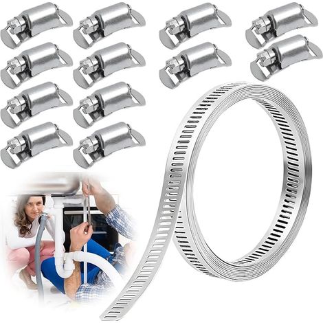 Colliers de Serrage en Acier DIY Inoxydable 304 Réglables, Bande Perforée de avec Fixations, Résistant à la Corrosion pour Tuyaux, Automobile, Marine, Jardin et Applications Industrielles (1/5)
