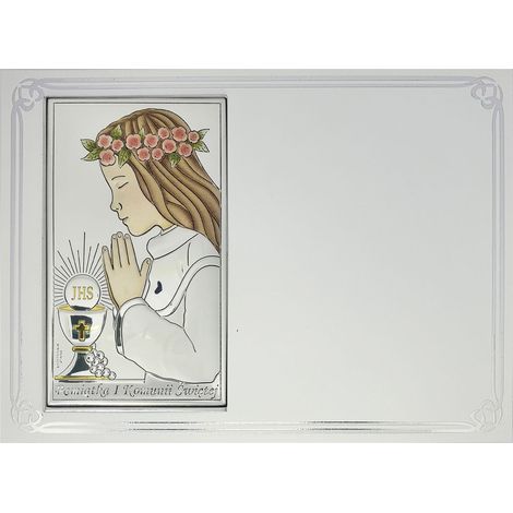 Quadro per la Prima Comunione, argento con incisione, ricordo della prima comunione per una bambina, a colori Dimensioni: 13x18 cm Codice articolo: VL833/4COL