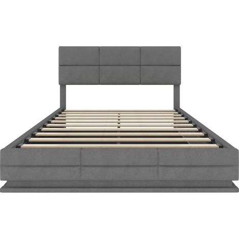 Lit coffre rembourré en velours 140x200 cm avec LED, USB Type-C, tête réglable, gris (1/5)