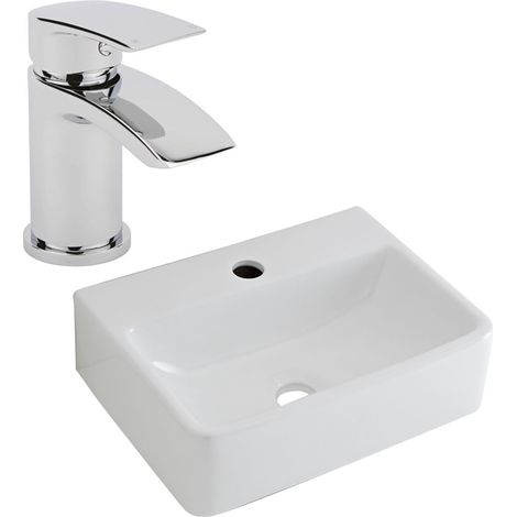 Milano Farington 400mm x 295mm White Ceramic Rectangular Countertop or Wall Mounted 1 Tap Hole Bathroom Basin Sink - With Mixer Tap (1/5)