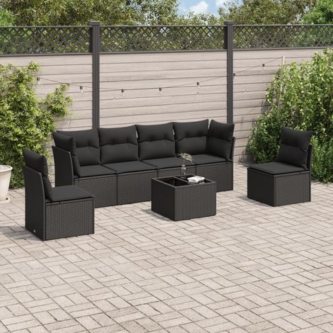 Salon de jardin 7 pcs avec coussins noir résine tressée (1/3)