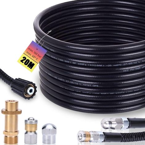 20m Rohrreinigungsschlauch Set, 200 bar inkl. M22 Adapter, Düsen starr + rotierend für K2, K3, K4, K5, K6, K7 Hochdruckreiniger universal Rohrreinigungsset Hochdruckschlauch