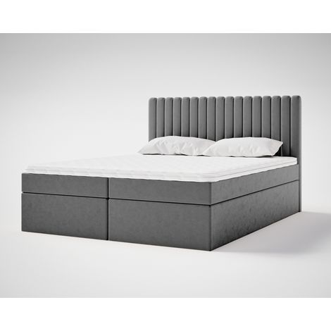 Emporius – Lit boxspring double 200x200 cm – Matelas à ressorts Bonell 15 cm – Surmatelas mousse 4 cm – Rangement latéral – Tissu velouté gris (1/5)