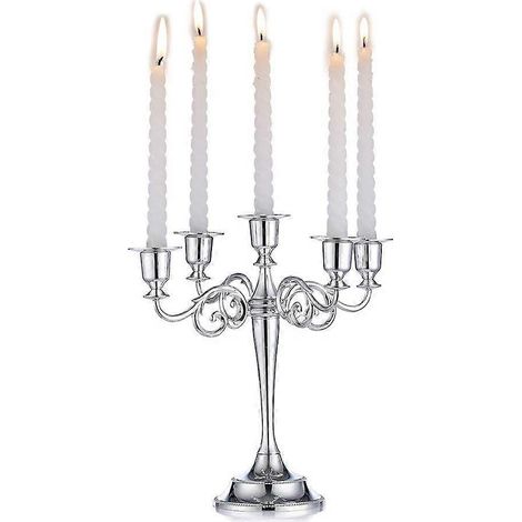 Candélabre argenté à 5 branches, 27 cm de hauteur, pour bougies coniques, idéal pour décorer une table (anniversaire, mariage, repas, Noël). (1/5)
