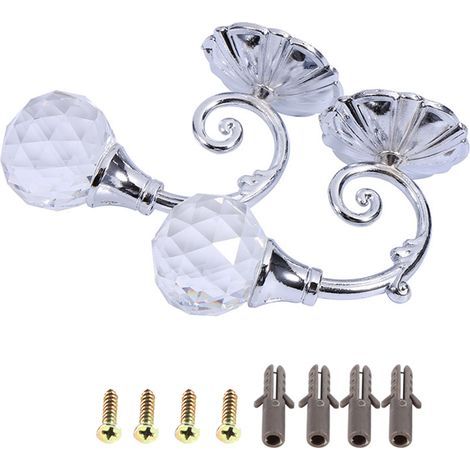 2x Crochets métalliques pour embrasses de rideaux en verre cristal, supports muraux argentés, crochets de fenêtre et de porte-rideau. (1/5)