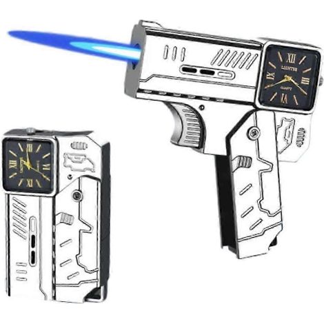 Briquet porte-clés pistolet transformable (argenté) avec motif montre - Briquet rechargeable au butane à flamme bleue coupe-vent, idéal pour les activités de plein air et les cadeaux EDC pour hommes (1/5)