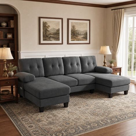 Sofá rinconero en U de 4 plazas con doble chaise longue, respaldo regulable, chenilla, gris HAVRYA (1/5)