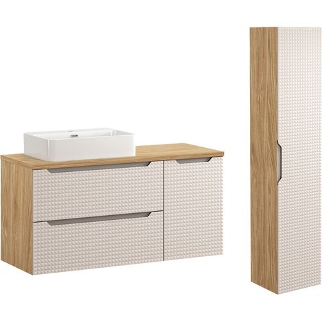 Ensemble meuble simple vasque 120cm et colonne Mallory Beige et bois