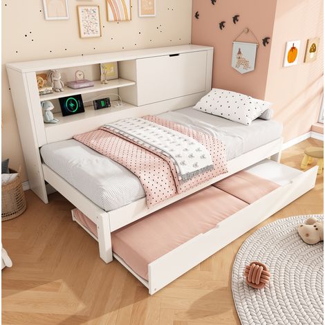 lit chambre adulte rangement mobile 90x200 bois blanc OKMYHOME (1/5)