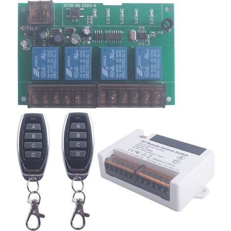Interrupteur de télécommande de relais sans fil 110V 220V 4 canaux, RF 433Mhz AC 90V-250V 4CH Ouvre-porte de garage Récepteur de commutateur sans fil 2 émetteurs (4CH-2 Contrôleur 433Mhz) (1/5)