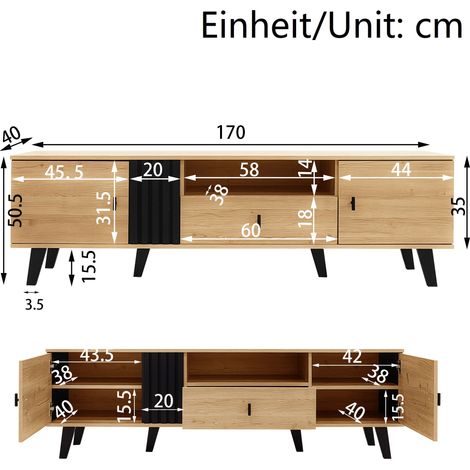 Meuble TV 170cm en bois noir élégant, lowboard avec tiroirs, rangement polyvalent, design unique pour salon. (1/5)