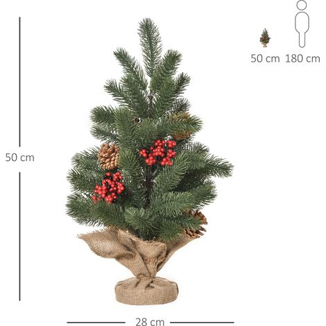 Mini sapin de Noël décoratif, avec ornements, baies rouges, 50 cm de haut, socle en ciment inclus, vert et multicolore (1/5)