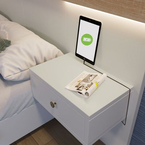 Lit double 180x200 cm - Bois blanc - 2 tables de chevet LED - USB - TĂŞte de lit incluse (1/5)