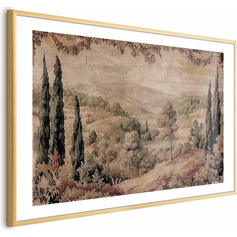 Poster – Mediterrane Landschaft – alter Wandteppich mit Hügel und See (1/4)