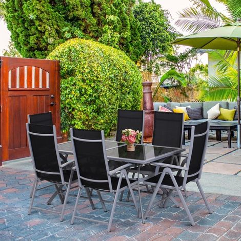 Set da giardino in alluminio 6 posti nero e argento, sedie pieghevoli con schienale reclinabile (1/5)