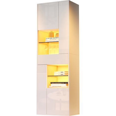 Vitrine haute de salon 55 x 38 x 170 cm, avec 1 tiroir, 4 portes, éclairage LED via application, finition blanche brillante et rangement modulable, CHICFURN (1/5)