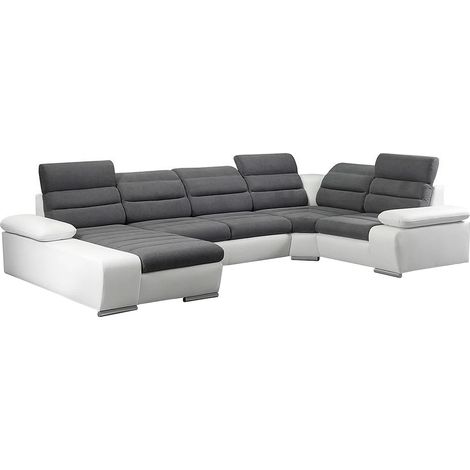 Canapé d'angle panoramique convertible en tissu et simili BOILEAU - Bicolore Gris/Blanc - Angle  gauche (1/4)