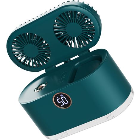 Ventilateur humidificateur 2 en 1 compact, rechargeable par USB, à double pale, portable et puissant, idéal pour le bureau et la chambre (vert). (1/5)