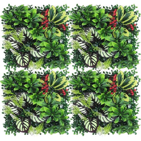 Confezione da 4 pareti verdi artificiali, siepi artificiali, recinzione decorativa e privacy, sfondo per pareti con fiori artificiali, 25 x 25 cm (1/5)