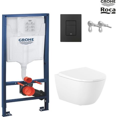 Bastidor GROHE pack cisterna empotrada y pulsador Negro Mate con inodoro WC suspendido Roca Ona Blanco 48 cm (1/5)