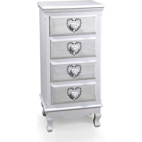 Elegante Vincy Kommode 40 x 30 x 82 cm in weißem Shabby Chic mit 4 Schubladen und herzförmigen Griffen