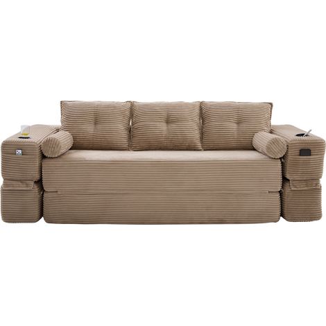 Sofá Cama Convertible de 3 Plazas en Cordon, Espuma Densidad 30 y Muelles, Bolsillos Laterales, Khaki (1/5)