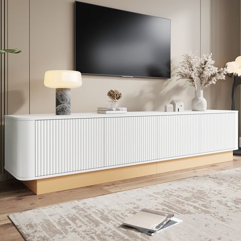 Meuble TV 200x40x47,5cm, 4 portes, rainures 3D, étagères réglables, sécurité coins arrondis, blanc (1/5)
