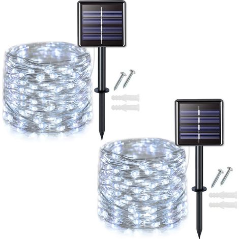 2 x 20 m, 200 lumières + 2 m de câble - Fonctionne à l'énergie solaire, convient pour jardin, terrasse, patio, Noël, mariages et fêtes, blanc froid [Classe d'efficacité énergétique E]