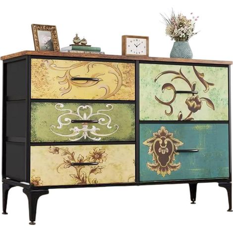 Kommode mit 5 Stoffschubladen, Stahlrahmen, Retro-Muster, Sideboard für kleine Räume (1/5)