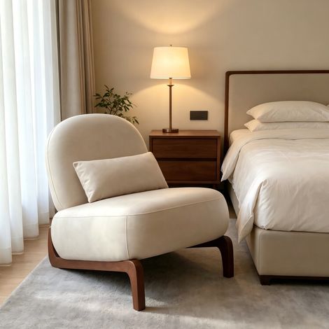 Sillón decorativo sin reposabrazos de terciopelo con patas de madera, color beige, 1 pieza (1/5)