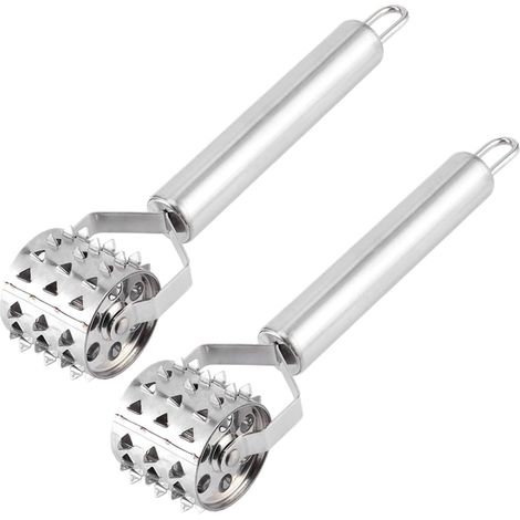 2 rouleaux attendrisseurs de viande, en acier inoxydable argenté, type marteau à viande, pour steak, porc, bœuf, poulet et côtelettes d'agneau. (1/5)