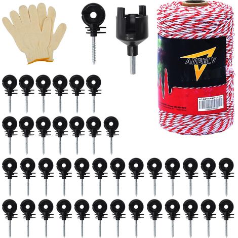Kit de fil de clôture conducteur avec 6 brins de fil d'acier et de fils en polyéthylène avec 50 isolateurs et outil d'isolation. Portable, efficace et durable, adapté pour une utilisation (1/5)