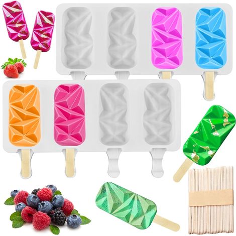 Lot de 2 moules à glace en silicone à 4 cavités - Sans BPA - Grands moules ovales en forme de diamant pour glaces et cake pops, avec 50 bâtonnets en bois