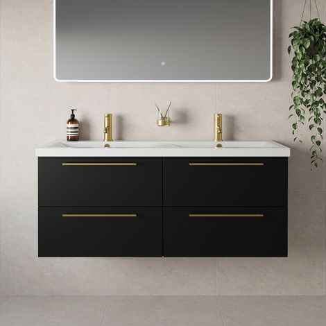Napoli 390 Matt Black 1200mm Wall Mounted 4 Drawer Vanity Unit with Double Glide Basins - 1200mm - Brushed Brass 320mm Handle