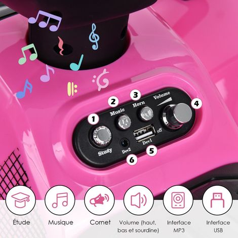 Quad électrique enfant rose et noir en PP avec phares LED, musique, klaxon et coffre avant, pour jardin, cour et terrasse (1/5)