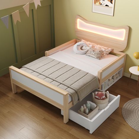 Lit adulte rangement 90x190 bois blanc chat LED massif OKMYHOME (1/5)