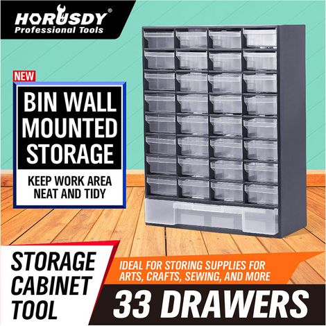 Cassettiere C9-33, struttura in acciaio, 33 cassetti in plastica, portata 26 kg, 15 x 30,6 x 42 cm, montaggio a parete, per garage e officina, deposito ferramenta per officina (1/5)