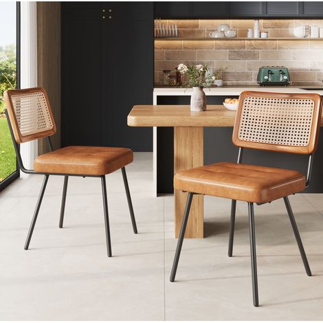 Silla de comedor vintage en PU marrón con estructura de metal y respaldo de ratán PE 61x46x79 cm (1/5)