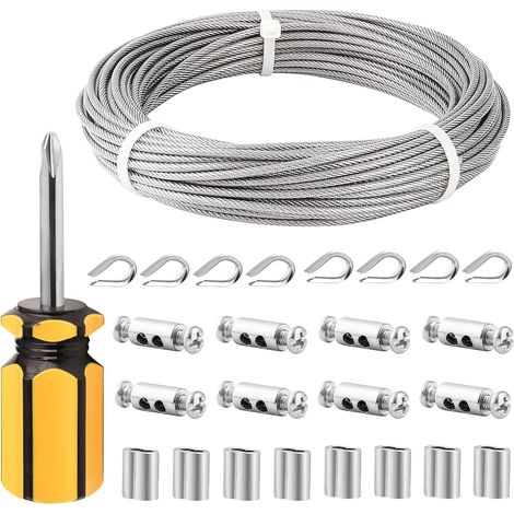 mm Edelstahl-Innenkabel – 20 m Kabel mit PVC-Mantel, M3-Kabelschuhen und Kabelklemmen aus Kohlenstoffstahl – Ideal zum Aufhängen von Bilderrahmen, Vorhängen und Innenbeleuchtung