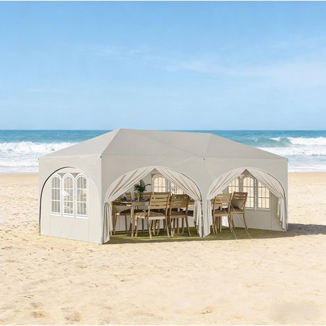 Tonnelle pliante 3x6 m avec 6 parois amovibles, hauteur réglable, imperméable UV50+, métal beige (1/5)