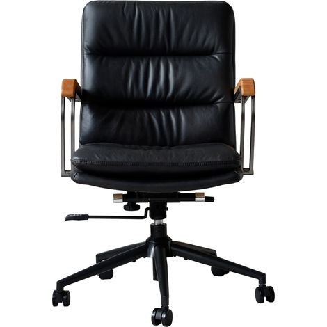 Chaise de bureau ergonomique en cuir, pivotante à 360°, réglable en hauteur, avec roulettes et accoudoirs en bois, style mid-century moderne – CHICFURN (1/5)
