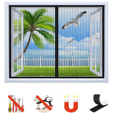 Moustiquaire Fenêtre Magnétique, Auto-Adhésif Rideau en Maille Moustiquaire Porte Magnétique,
 Fermeture Automatique, pour Fenêtre Portes-Black-A 47x47inch(120x120cm) Moustiquaire de fenêtre