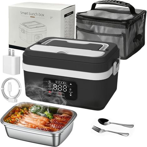 Lunch box riscaldato con batteria, lunch box riscaldato da 1 litro, riscaldamento programmabile, 60 W, 2 batterie ricaricabili da 4000 mAh, con timer e borsa termica, per lavoro, auto, cantiere (bianc
