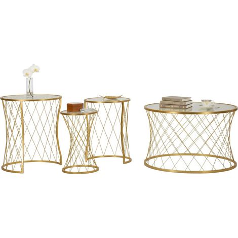 Dmora - Set di 4 tavolini da salotto Ibar, Tavolo basso da caffè, Portariviste per divano, Ripiano da soggiorno, 70x70 h55 cm, Oro