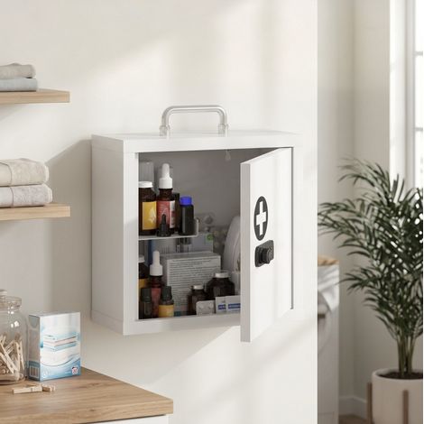 Armoire à pharmacie murale avec serrure à combinaison, 2 niveaux de rangement, acier inoxydable blanc, poignée de transport, pour médicaments, montage mural – CHICFURN (1/5)