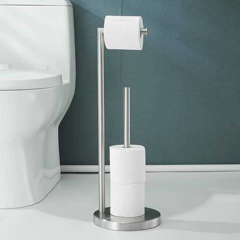 Porte Papier Toilette Pied Acier Inoxydable 304 Support Rouleaux avec Rangement Sans Perçage Nickel Brossé (1/4)